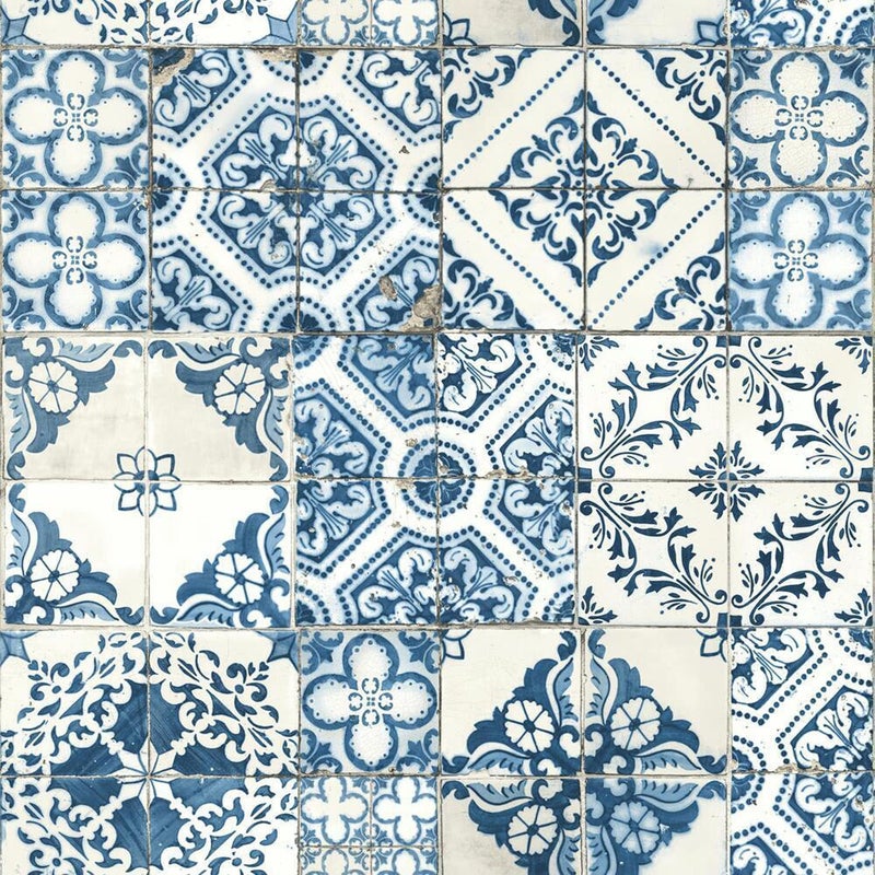 RoomMates RMK11083WP Blue Mediterranian Tile Peel and Stick Wallpaper 20.5" x 16.5 feet - Image 1